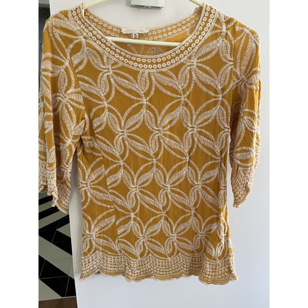 Solitaire Women M Yellow Embroidered Blouse Top Boho Hippie Vtg